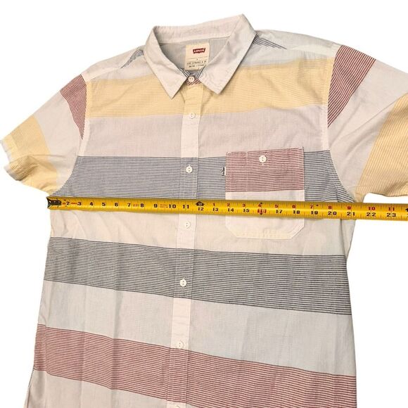 Levi Strauss Men's Short Sleeve Shirt Button White Yellow Blue‎ Strip Large - Picture 6 of 9